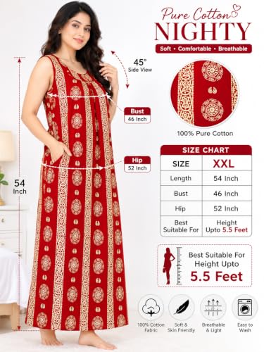Image of JAYAS Women's Cotton Nighty | Rajwadi Print Maxi Night Gown | Sleeveless Round Neck Long Nighty | Soft Breathable Cotton Sleepwear | Printed Home Wear Lounge Wear | Full Length House Dress