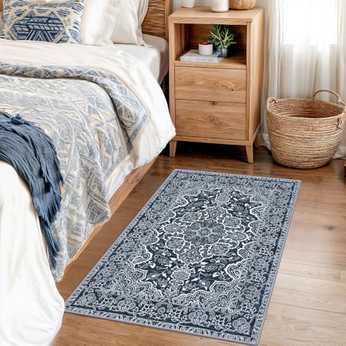 KUTA Vintage Small Area Rug 2x3 Navy Blue Washable Entryway Rugs Non-Slip Ultra Soft Modern Floral Doormat Printed Retro Distressed Carpet Accent Farmhouse Kitchen Throw