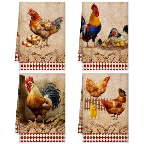 Geyoga 4 Pcs Farm Chicken Kitchen Towels Farmhouse Vintage Buffalo Plaids Dish Towel Rustic Rooster Pig Cow Cloths Hand Towels 16 x 24 Inch Tea Towel for Christmas Bathroom(Classic Color, Cock)