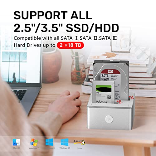 Unitek Aluminum Usb 3.0 To Sata Dual Bay External Hard Drive Docking Station With Uasp For 2.5 / 3.5-Inch Hdd Ssd, Hard Drive Duplicator/Offline Clone Function (2 X 18Tb Support)-Silver #TOP1