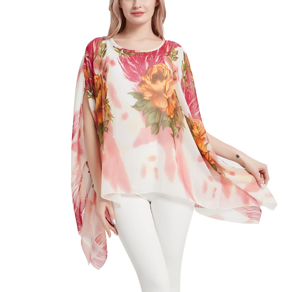 CuteSwan Lagenlook - Blusa de gasa para mujer, estilo caftán, manga murciélago, estilo bohemio, holgada, floral, túnica