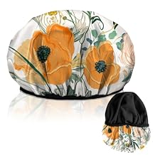 Luxury Shower Cap Terry Lined Reusable Triple Layer Waterproof Hair Elastic Caps Shower Bath Hat for Women Girls Cute Aesthetic-Orange Flower