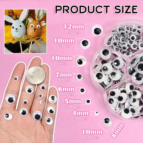 TOAOB 770 Stück Selbstklebende Wackelaugen Klein Kunststoff Augen zum Basteln Kulleraugen Selbstklebend 4mm bis 12mm Wiggle Googly Eyes Bastelaugen für Scrapbooking Kunsthandwerk Zubehör