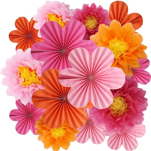 CUVZORA Lot de 15 éventails en papier et fleurs en papier - Décoration de fête - Couronne à suspendre - Rose orange - Décoration de fleurs en papier pour fêtes,...