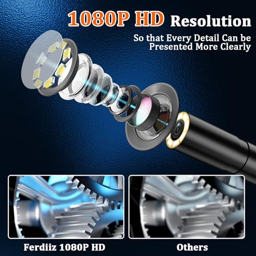 Caméra endoscope double objectif avec lumière, Ferdiiz 1080P HD Boréscope avec 4.3" IPS Écran, IP67 Caméra d'inspection étanche 8+1 réglable LED Lumières, caméra endoscopique flexible-32.8FT 10M câble