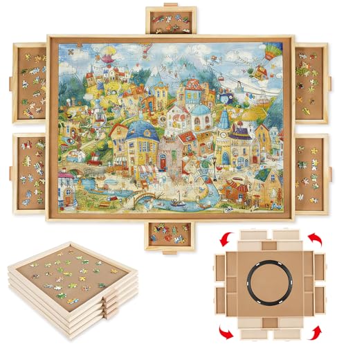 Andanna Puzzle Board Table 1000 Pieces Rotating Puzzle Board with 6 Drawers 3021.7 Portable Wooden Jigsaw Puzzle Table with Lazy Susan Spinning Cover for Adults(1000 Pcs)