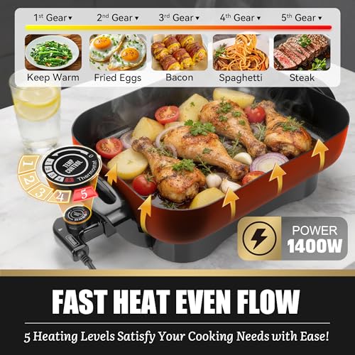 FineMade Family Size Electric Skillet with Lid, XL Electric Skillet, Deep Skillet, Temperature Control, Square 15 x 11.5 Inch Ceramic Nonstick Interior, Graphite - Image 4