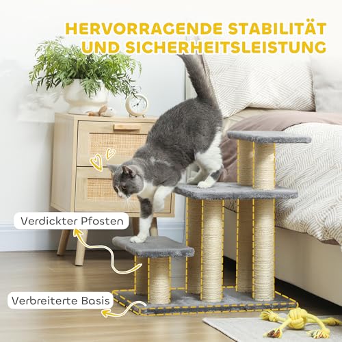PawHut Hundetreppe 3 Stufen 54 cm Hoch Haustiertreppe für Kleine Hunde Katzentreppe Hunderampe mit Sisal Kratzbäumen, Spielball, Einstiegshilfe für Bett, Sofa, Couch und Auto Grau