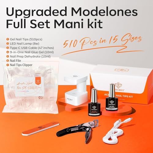 Image of modelones X Nail Gel Kit Almond, Upgrade 15Sizes Fake Nails, 9-in-One Glue Dehydrator & Mini U V Light Clipper, 510Pcs Medium Almond Press on Tips for Extension DIY Salon Home Gift