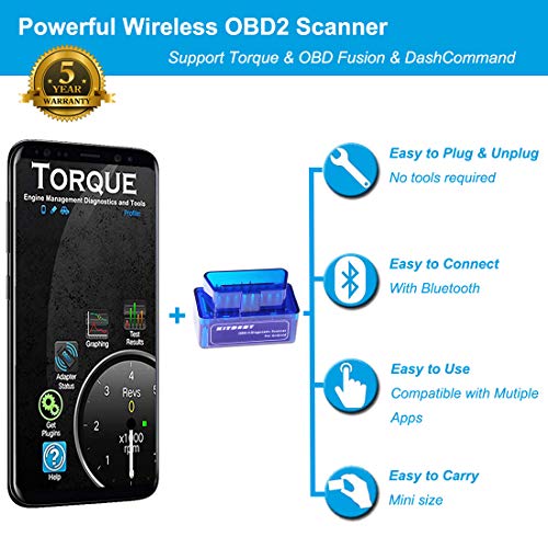 Kitbest Bluetooth OBD2 Scanner Mini OBD Car Diagnostic Code Reader for Android & Windows, Check Engine Light Scan Reader. Supports Torque Pro & Lite, OBD Fusion, DashCommand