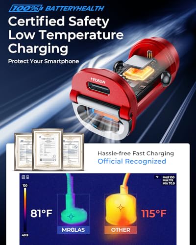 Image of MRGLAS【Upgraded】 125W USB C Car Charger Super Fast Charging for iPhone 17 | [PD65W & QC60W][All Metal] Cigarette Lighter Car Charger,Dual Port for iPhone 16 15 Pro iPad Samsung S25 S24 MacBook-Red