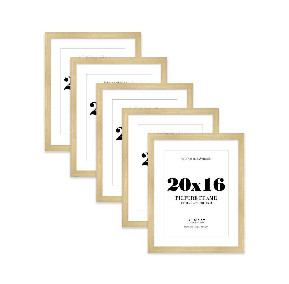20x16 Gold Frame With Mount for 16x12 Pictures 28mm Edge Portrait and Landscape Display with Wall Hooks, 5 Pack