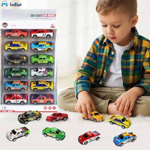 Image of FunBlast Die-Cast Car Set for Kids - Pack of 12 Pull Back Metal & Plastic Cars, Scaled Model Mini Racing Car Toys for 3+ Year Old Boys & Girls, Multicolor