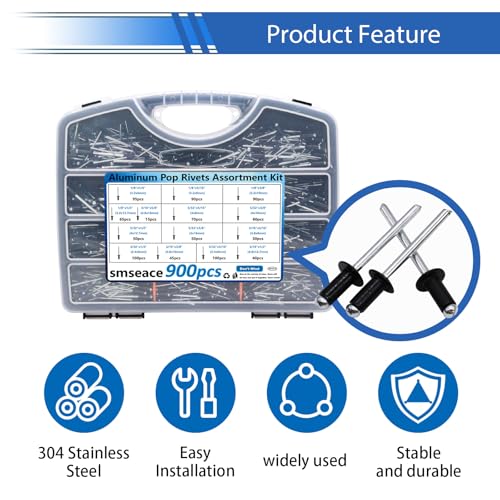 Image of smseace 900Pcs Black Rivets Assortment Kit Packed in Handheld Box 14-Sizes (3 /32 inch1 /8 inch5 /32 inch3 /16 inch) Assorted Blind Rivets for Metal,Furniture,Automotive,Instrument