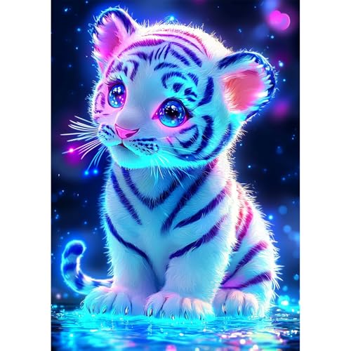 QENSPE Diamond Painting Tigre, Kit Peinture Diamant Adulte, Mignon Diamond Art Broderie Diamant Kit Complet, Bricolage Crystal Art Point de Croix Maison Murale...