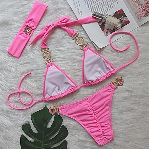 Women's Shiny Heart Crystal Bathing Suit Lace-up Rhinestone Bikini Set with Headband Glitter Jeweled Halter Swimsuit3