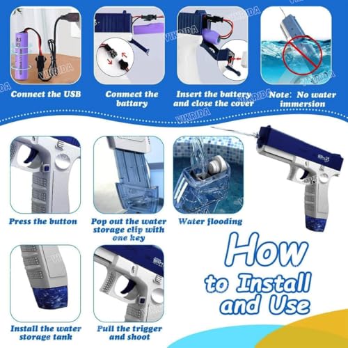 Image of VikriDA High-Pressure Electric Water Blaster Gun with Free Extra Rechartgeable Battery | Automatic Holi Pichkari with 58 CC Tank & 25-32 Feet Range - Powerful Squirt Gun for Kids (Blue)