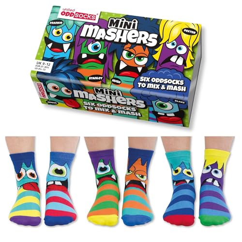United Oddsocks Mini Mashers 6 Colorful Mismatched Monster Socks for Kids Ages 46 UK 9.5-12 EUR 27-30.5 US 9.5-13 Fun Match Novelty Sock Gift Box with 15 Combo Pairs for Little Adventurers