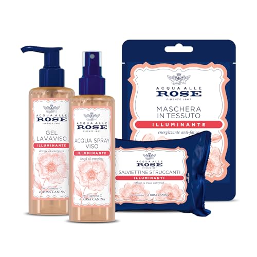 Acqua alle Rose, Set Illuminante con Vitamina C, per Pelli Spente o Opache, contiene Acqua Spray 200ml, Maschera in Tessuto 1 pz, Gel Lavaviso 200ml e Salviettine Struccanti 20pz - Esclusiva Amazon
