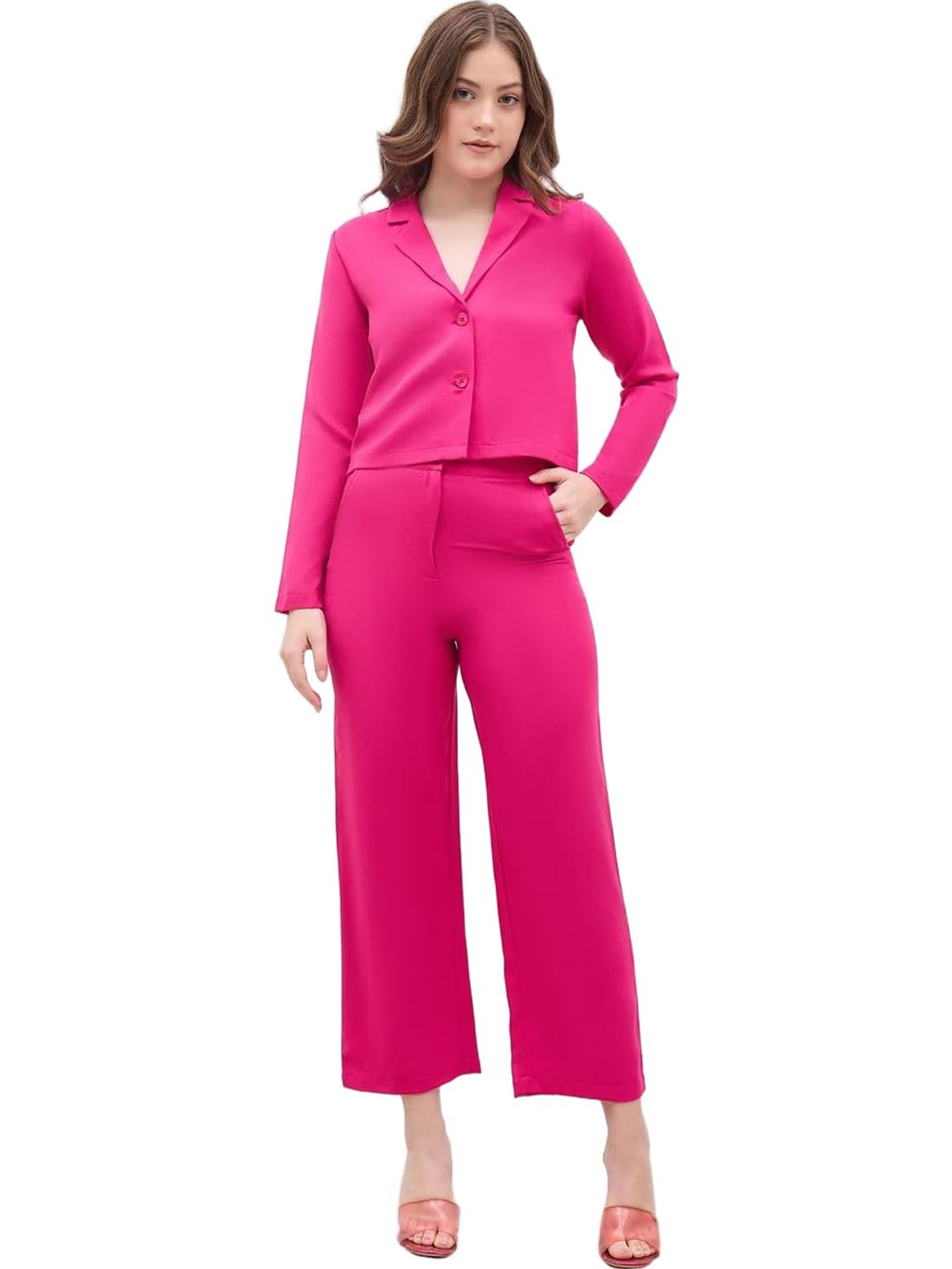 Women Lapel Collar Cropped Blazer with Straight Tailored Trouser Co-Ords | Comfortable High Waist Trousers & Blazer Set for Women |Ideal for Casual,Office Wear-image-34