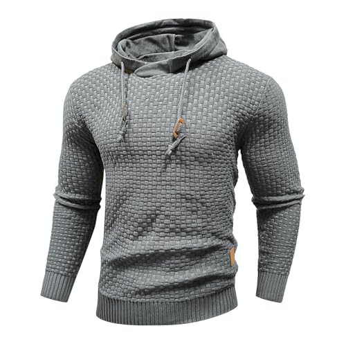 Men's Waffle Knit Hooded Sweatshirt Casual Long Sleeve Pullover Soft Knitted Lounge Sweater Top
