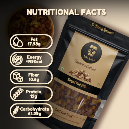Image of Being Bania Royal NutMix | No Palmolein Oil | Party Mix Namkeen, Desi Trail Mix with Cashews, Almonds, Peanuts, Chickpeas, Green Gram Mix | Premium Namkeen Chakna | 280g