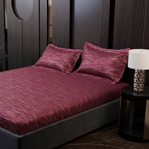 Image of Stoa Paris 350TC Luxture Cotton King Fitted Bedding Set with 2 Pillow Covers, All-Around Elastic Fitted Bedsheet 183cm x 198cm + 30cm Drop, All Season Comfort, Breathable, Panache 2.0 - Ruby