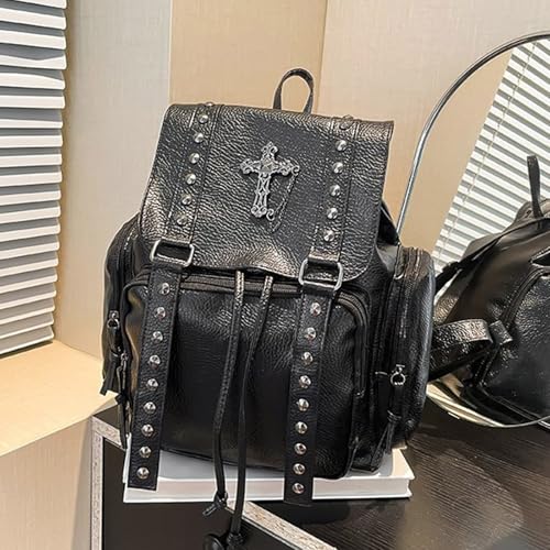 Sac à dos blanc en cuir PU à rivets | Grand cartable esthétique de style décontracté et mixte