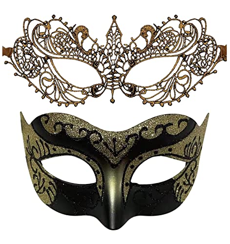 Photo 1 of 2 Pack Couple's Masquerade Mask for Couples Venetian Halloween Costume Party Decor Gold