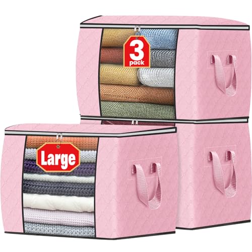 Image of Fab totes 24 Gallons Clothes Storage, Foldable Thick Fabric Blanket Storage Bags, Containers for Organizing Bedroom, Closet, Clothing, Comforter, Organization with Handle (3 Pack,Pink)