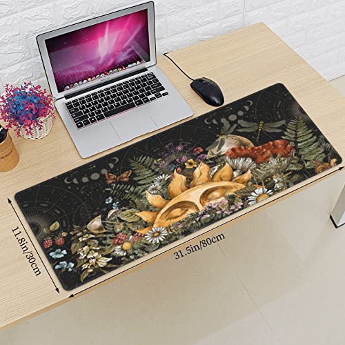 Vintage Sun Cute Forest Magic Witch Mushroom Snail Gaming Keyboard Mouse Pad Mousepad Huge Extended XL Stitched Edge Rubber Sole for Home Office(31.5"X 11.8")