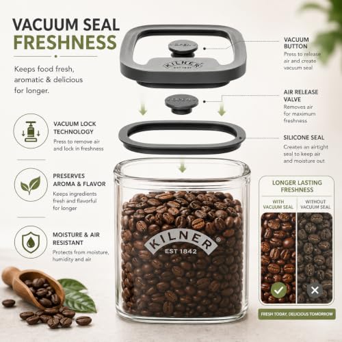 Image of Kilner Fresh Storage 500ml Airtight Glass Container Durable Vacuum Seal Lid | BPA-Free Jar for Food Storage, Nuts, Dried Fruit, Snacks, Pantry Organisation
