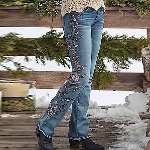 Women Retro Jeans High Waisted with Pocket Slim Fit Boot Cut Jeans for Women Flower Embroidered Jeans Trousers2