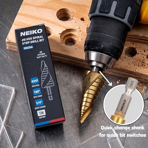 Image of NEIKO 10625A Step Drill Bit, 9 Steps 1 /2 inch to 1 inch Spiral High Speed Steel, Titanium Nitride Coated, 1 /4 inch Quick Change Step Bits for Steel, Metal, Wood, Plastic, Unibit Cone Drill Bits, Two Flute
