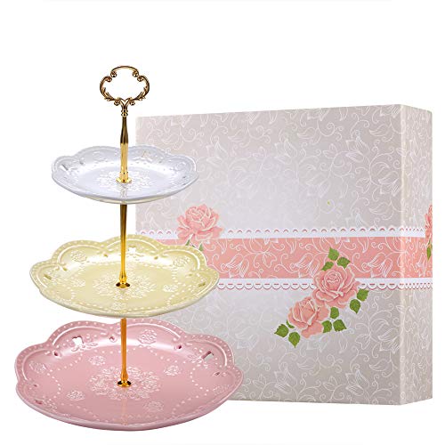 BonNoces 3-Tier Porcelain Embossed Cake Stand - Assorted Colors Fine Elegant Dessert Cupcake Stand - Pastry Serving Tray Platter for Tea Party Wedding and Birthday