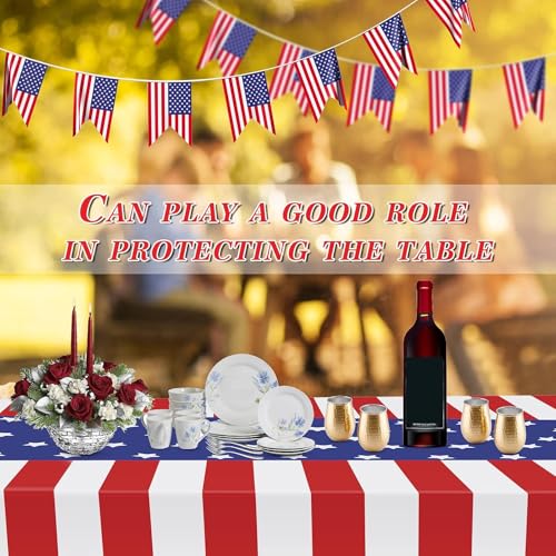 Image of 2 Pack Patriotic Tablecloths,Patriotic Decorations,American Flag Tablecloth | 54 inch x 108 inch Disposable Plastic Tablecloths for Party Supplies,Red White and Blue Tablecloth for 4th Of July Veterans Memorial