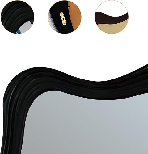 Miniatura 6 de Espejo de pared irregular de 32 x 24 pulgadas, marco de madera negra, espejo ondulado asimétrico para sala de estar, dormitorio, entrada, baño,