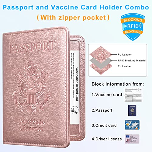 Acdream Passport And Vaccine Card Holder Combo With Zipper Pocket, Cover Wallet, Vaccination Card Slot, Leather Travel Documents Organizer Protector, Rfid Blocking, For Women/Men, Rose Gold #TOP2