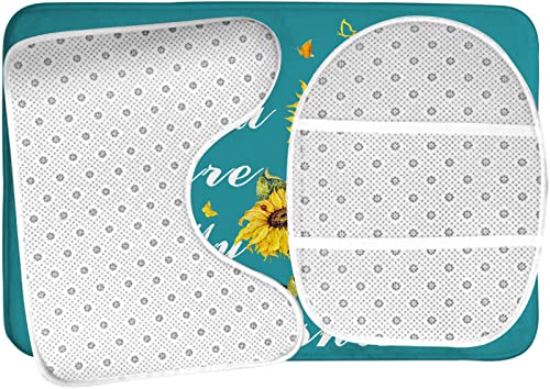 Badezimmerteppich-Set, 3-teilig, You Are My Sunshine, Sonnenblume und Schmetterling, Blaugrün, waschbarer Badvorleger, rutschfest, mit Rückenpolster, Konturteppich und Toilettendeckelbezug – Bild 6