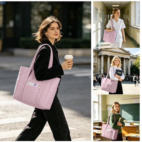 Image of CTWWFS Large Tote Bag for Women with Zipper, Nylon Lightweight Work Tote with 15.6 inch Laptop Sleeve, Nurse Bag for Work College