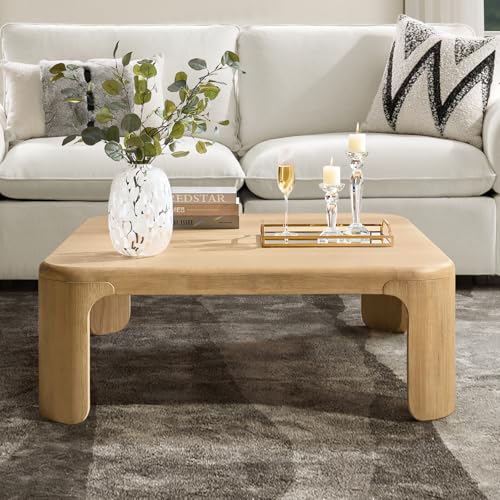 HULALA HOME 44 Inch Square Wood Coffee Table, Modern Oak Finish Low Profile Living Room Table with Rounded Edges and Bow-Shaped Legs, Minimalist Japandi Style Center Table for Home Office, Natural