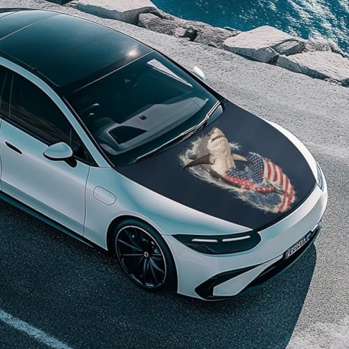 Image of Shark American Flag Car Hood Protector, Ocean Shark Rolling Wave Flag Car Bonnet All-Season Protection, Washable Auto Hood Cover Uniersal Fit for Most Sedans Trucks SUVs