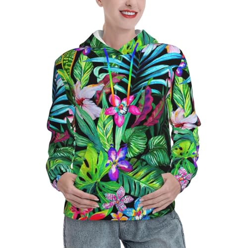 Sweat à capuche feuilles tropicales contre le gris de l'automne pull poche femme