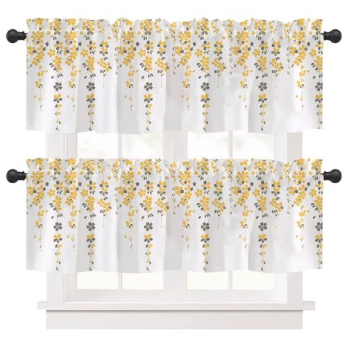 Ausing Kitchen Curtains 2er Set Flower and Leaf Printed Short Curtain Cafe Bistro Curtain Valances Balcony Bathroom, Yellow