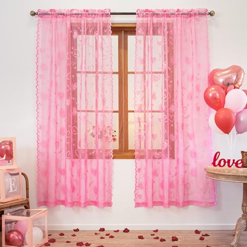Awnmeow Valentine's Day Lace Curtains, Love Heart Embroidery Weave Sheer Curtains, Holiday Rod Pocket Drapes for Living Room, Pink 2 Panels 52 x 63...