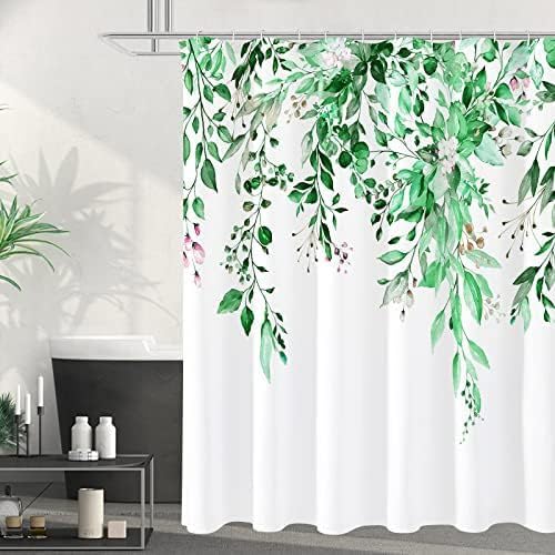 Hopomoon Juego de cortina de ducha de estilo nórdico con estampado de plantas y flores, diseño de hojas, impermeable, tejido de poliéster grueso, cortina de baño, 180 x 180 cm