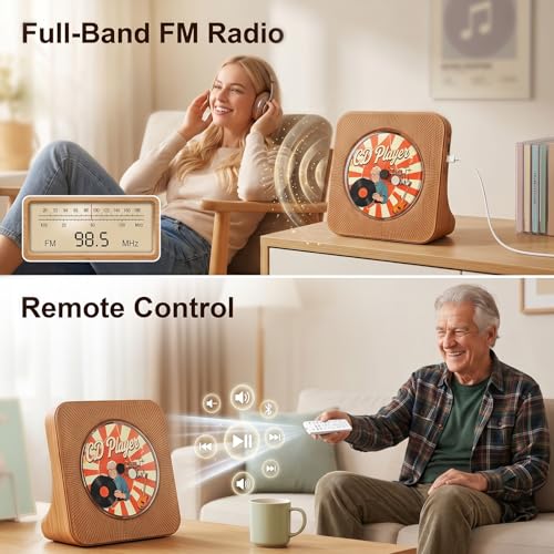 Image of Gueray CD Player Portable Bluetooth Desktop CD Player for Home with Timer Built-in HiFi Speakers with LCD Screen Display Boombox FM Radio USB Type-c (Wood Grain)