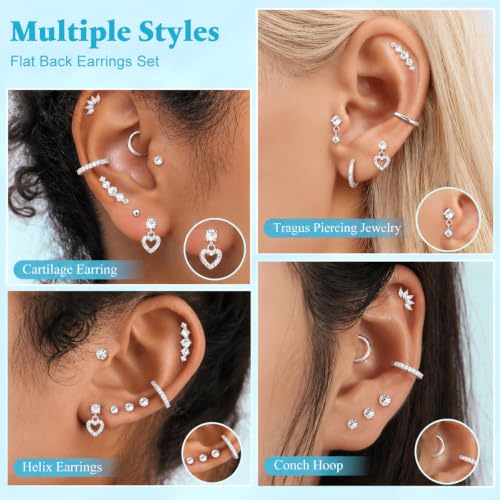 Image of SANNIDHI Earrings Set for Women Rhinestone Hoops Earring Hypoallergenic Hearts-shaped Flat Back Stud Earring Stainless Steel Cartilage Earrings Combo for Multiple Piercing