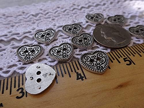 15MM Vintage Heart (SRAO) Buttons Silver Black Size 24L 5/8 Matte Antique Pewter Color Cool Paper tag Supply Embossed Steampunk Goth