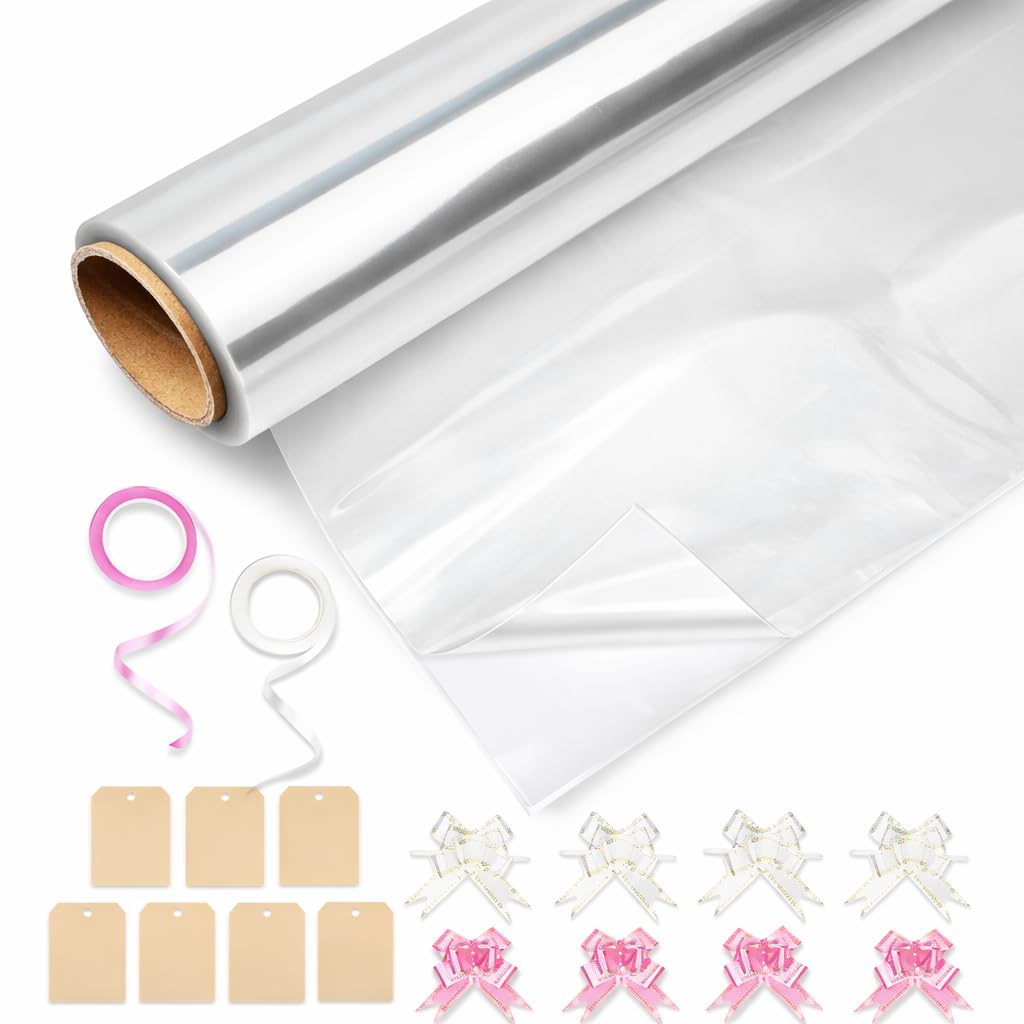 Huruc Clear Cellophane Wrap Roll 40cm x 30m with 10 Pull Bows, 2 Ribbons & 5 Tags – Christmas Wrapping Cello for Easter,Hampers, Bouquets, Baskets, Crafts & Holiday Packaging